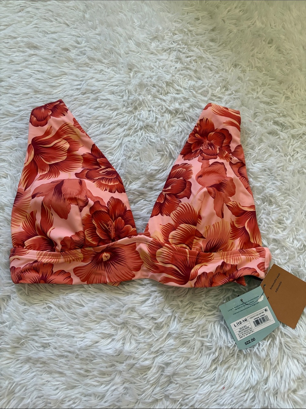 NWT Shade & Shore Pink Floral Deep V-Neck Bikini Swim Top Size L Tie Back